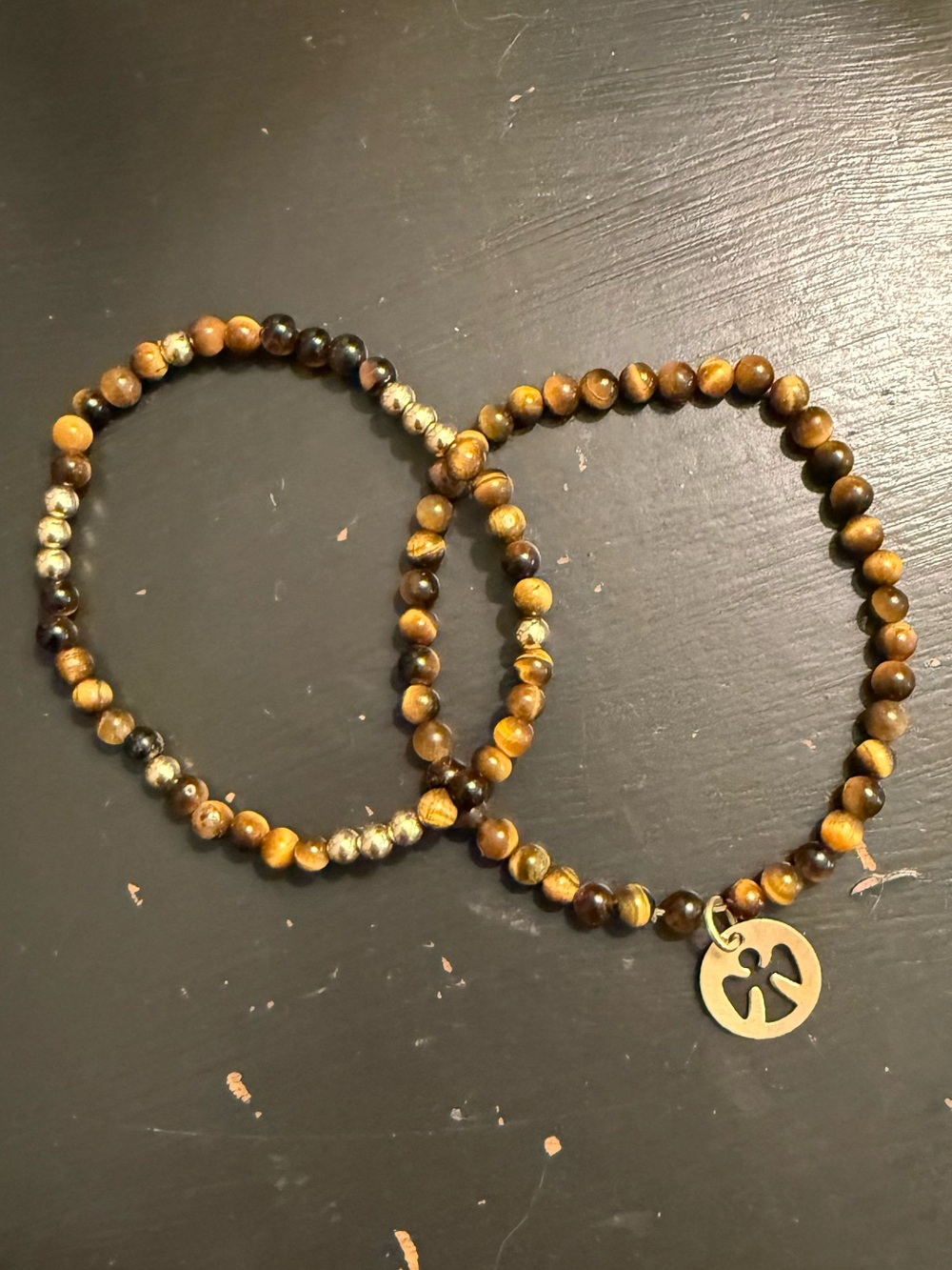 E Newton Beaded Tiger Eye Stretch Bracelet Set with Gold Charm